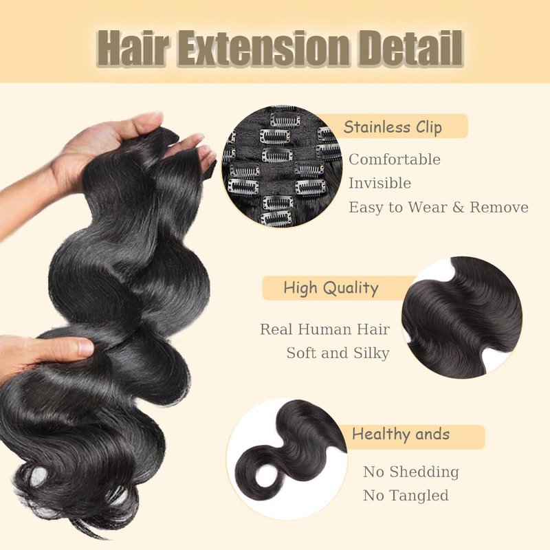 #1B Body Wave Clip in Hair Extensions Real Human Hair, 32 Inch 120g/7Pcs,Full Shine Remy Human Hair,Natural Black Clip ins Brazilian Virgin Human Hair Extensions