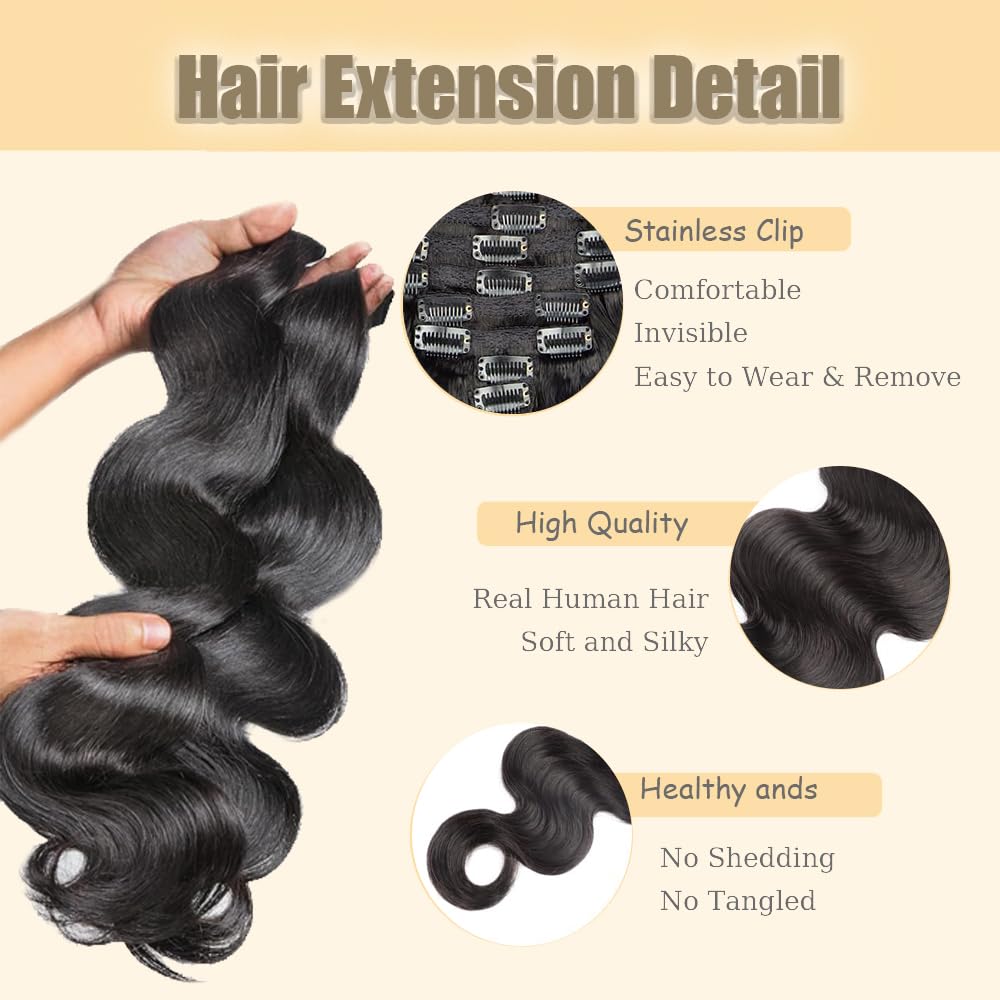 #1B Body Wave Clip in Hair Extensions Real Human Hair, 26 Inch 120g/7Pcs,Full Shine Remy Human Hair,Natural Black Clip ins Brazilian Virgin Human Hair Extensions