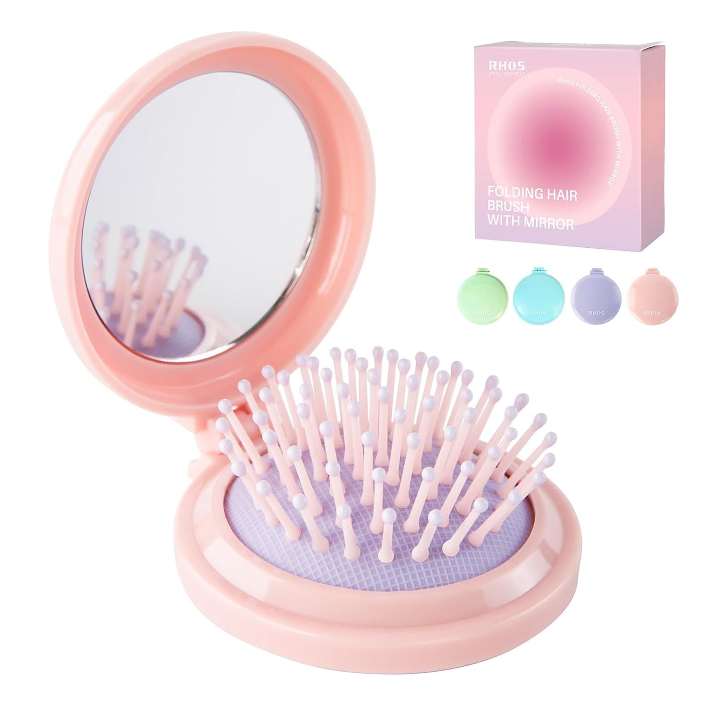 Folding Hair Brush with Mirror - Mini Purse Brush for Women & Girls | Soft Nylon Bristles, Travel Size (Beige)