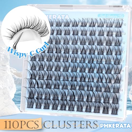 PHKERATA Natural Lash Clusters Wispy Eyelash Clusters, Eyelash Extensions C Curl Individual Lashes, Mix Length Natural Look Lashes with Thin Lash Band, 10-16mm, 110 pcs