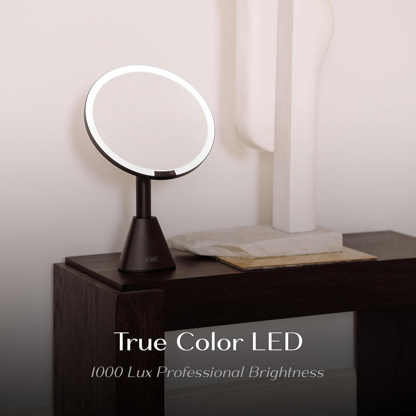 Ilios Lighting 9" Lighted Makeup Mirror - 5X Magnification, Rechargeable LED, Adjustable Lighting (3200K–6500K) | Black