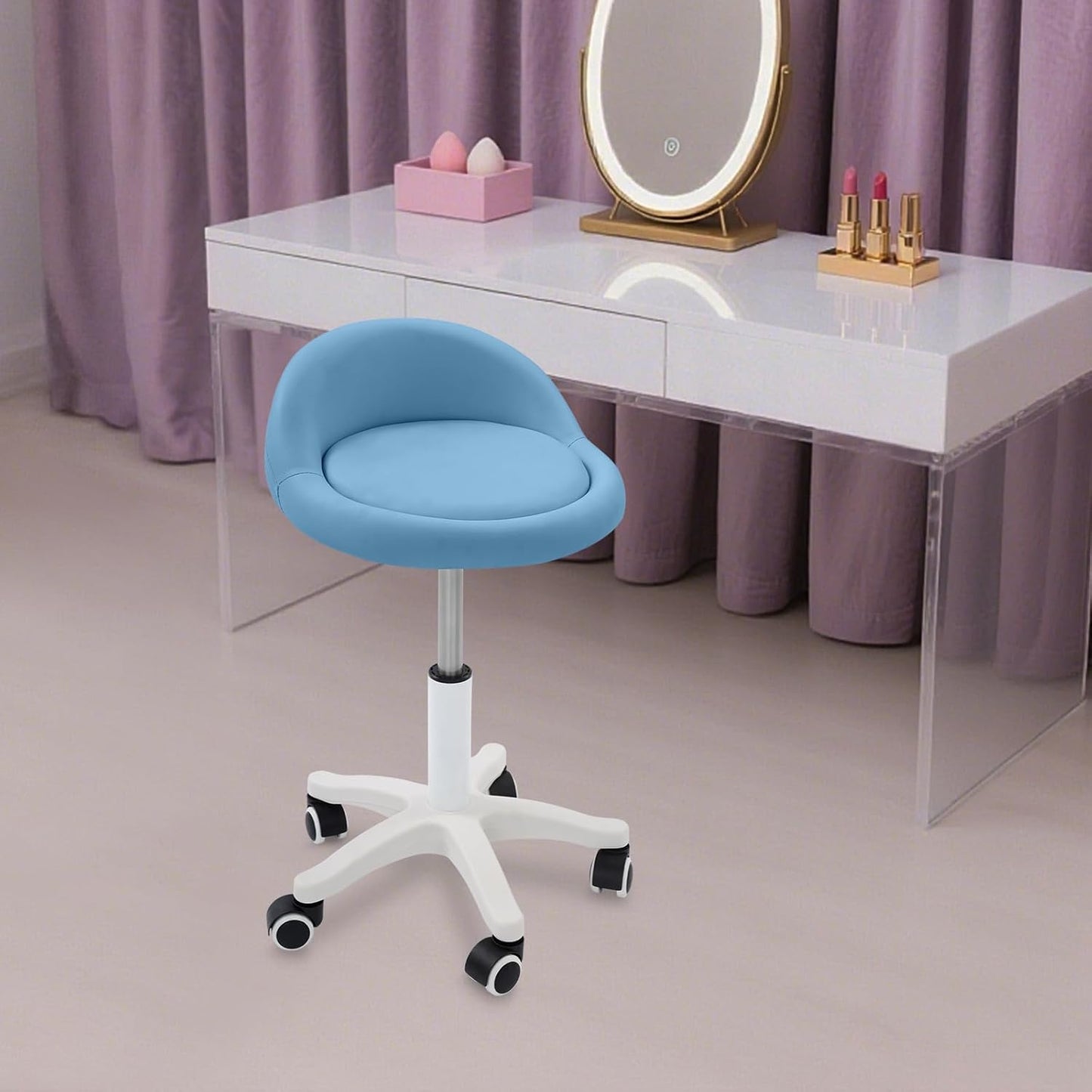 Adjustable Rolling Stool Chair - Round PU Leather Swivel Salon Stool with Backrest | Blue