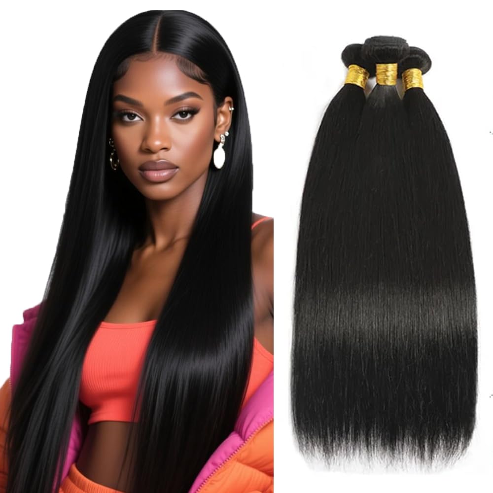 Straight Human Hair Bundles #1B Straight 3 Bundles 18 20 22 inch Auokmar Real Natural Black Human Hair Bundle #1B Color 160g