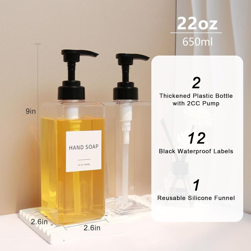 Clear Soap Dispenser - Waterproof Labels & Thickened Plastic | 22oz 2-Pack for Bathroom & Kitchen