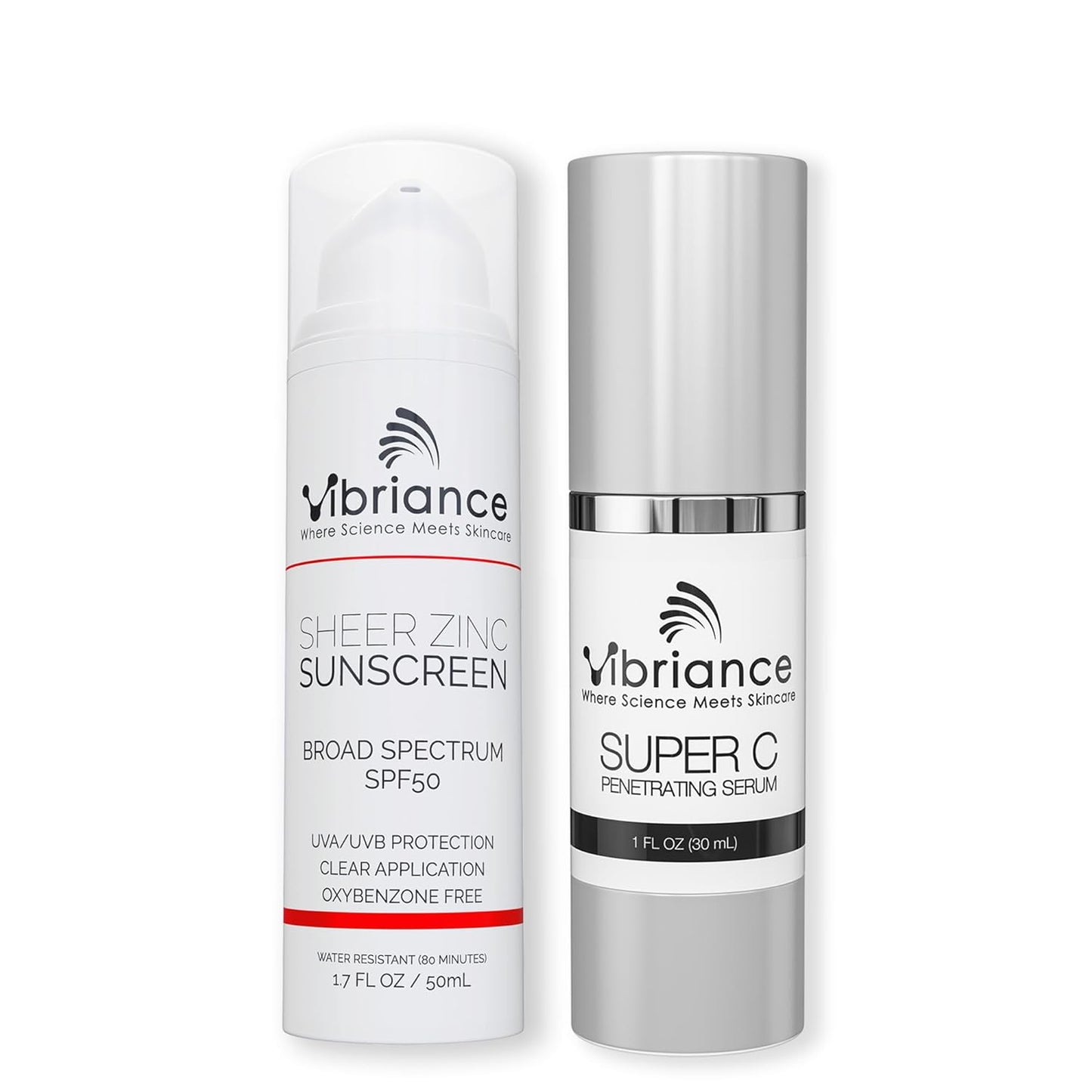 Vibriance Simple Skincare Essentials Bundle - Super C Vitamin Serum & Sheer Zinc Sunscreen SPF 50 | Nourish & Protect Skin