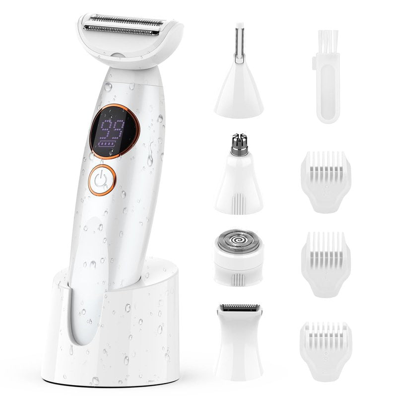 5 in 1 Bikini Trimmer for Women,IPX7 Waterproof Cordless Replaceable Pubic,Eyebrow,Facial Electric Razors&Nose Hair Trimmer&Painless Body Shaver for Arms Legs Underarms,USB Charge,LED Display,Wet&Dry