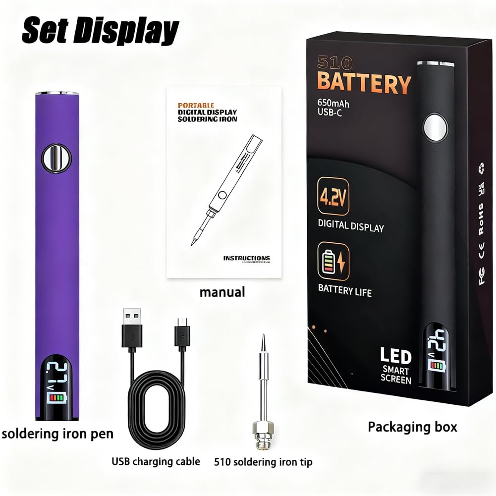 510 Thread Battery Professional Cordless Soldering Iron with LED Display Precise Temp Control USB-CRechargeable 650mAh Electric Purple Soldering Pen, Precision work/Appliance Repair, 3Speed Adjustment
