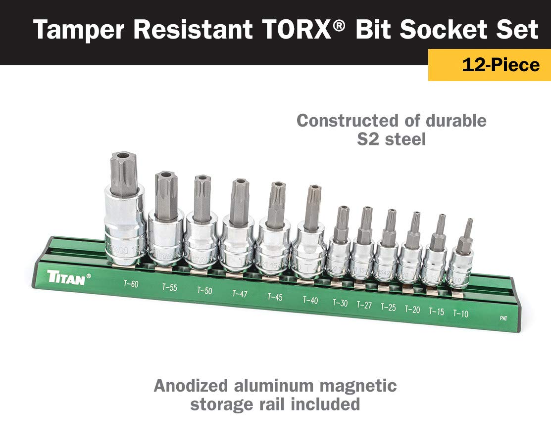 Titan 16121 12-Piece Tamper Resistant Torx Bit Socket Set, Magnetic Socket Organizer with Laser-Etched Size Markings