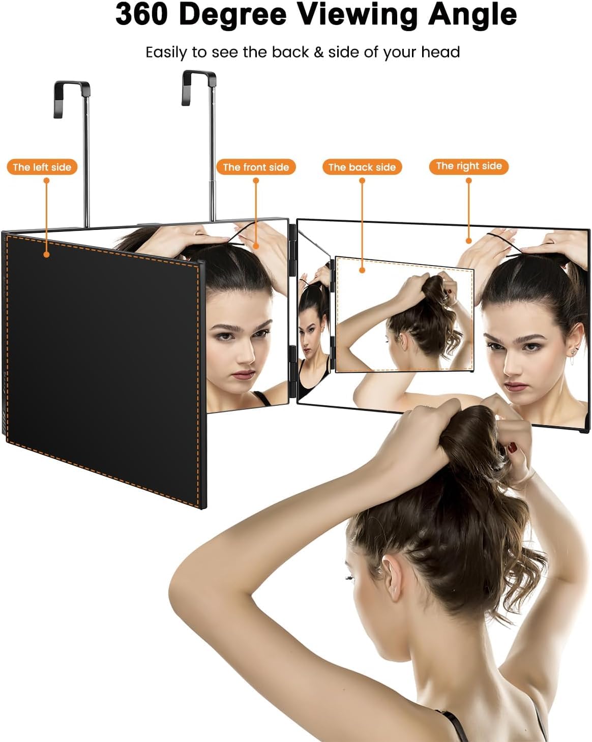 3 Way Mirror-360 Mirror for Self Hair Cutting, Adjustable & Foldable Trifold Barber Mirror with Telescoping Hooks, Barber Accessories for Men Shaving DIY Haircut Women Dyeing Makeup(Black Without LED)