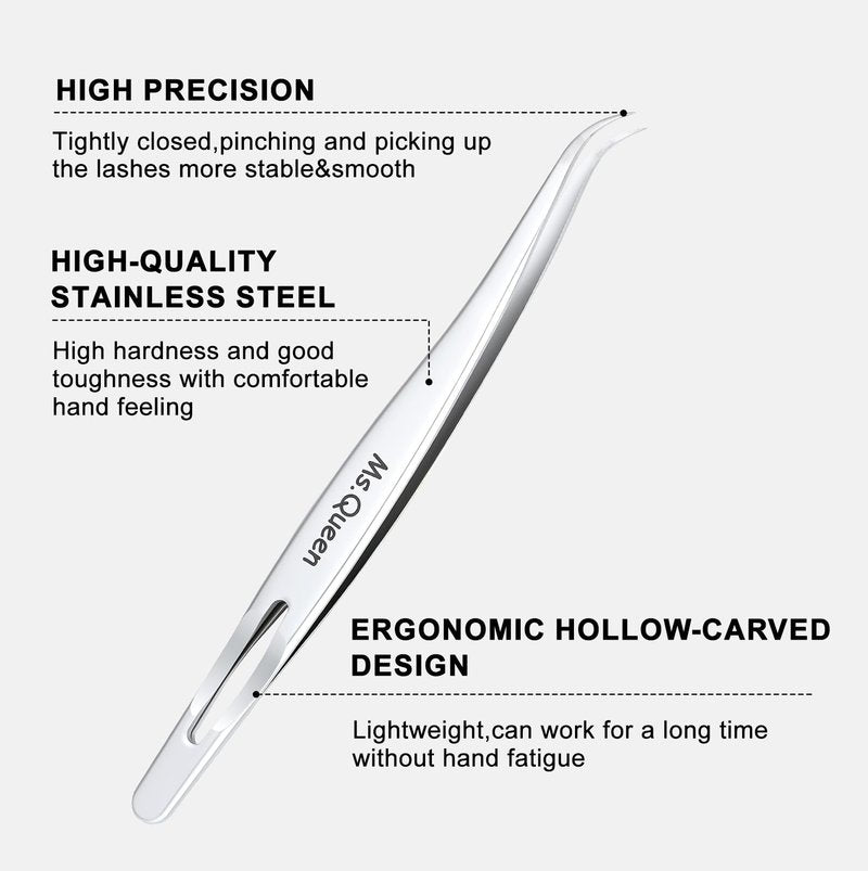 Ms.Queen Tweezers for Eyelash Extensions,Precision Curved Lash Tweezers for Volume, Isolation and Classic Lashes Extensions Applying