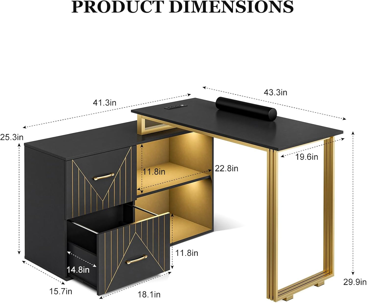 Manicure Table for Nail Tech - Corner Nail Desk with Wrist Cushion, 2 Drawers & LED Lights | Black
