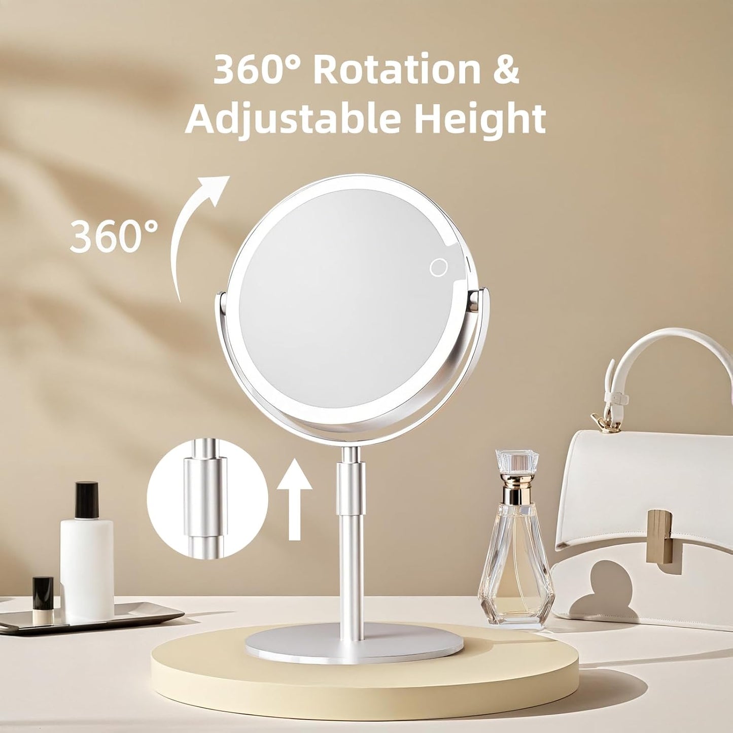 Makeup Mirror with Lights - 8" Double-Sided Magnifying Vanity Mirror 1X/10X | Rechargeable, Adjustable Brightness, 3 Colors