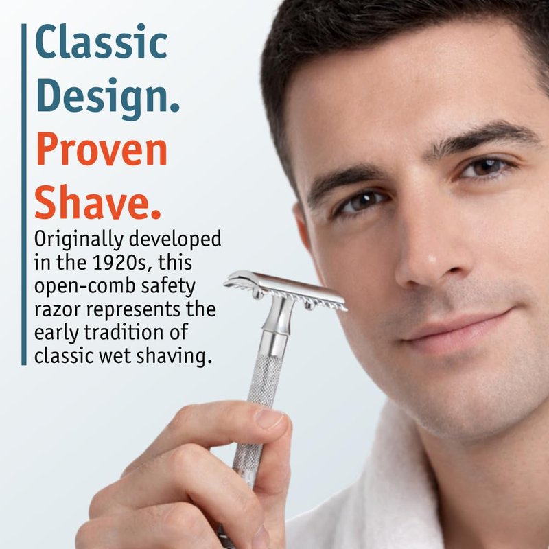 MERKUR 15C Double Edge Safety Razor in Bright Chrome with an Open Comb Design, Standard Handle, Made in Germany, Plastic-Free, Three-Piece Design, and Straight Bar