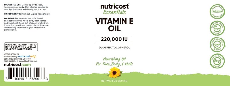 Vitamin E Oil - 8 Ounces | Nourishing Oil for Skin, Hair & Nails - 230,000 IU