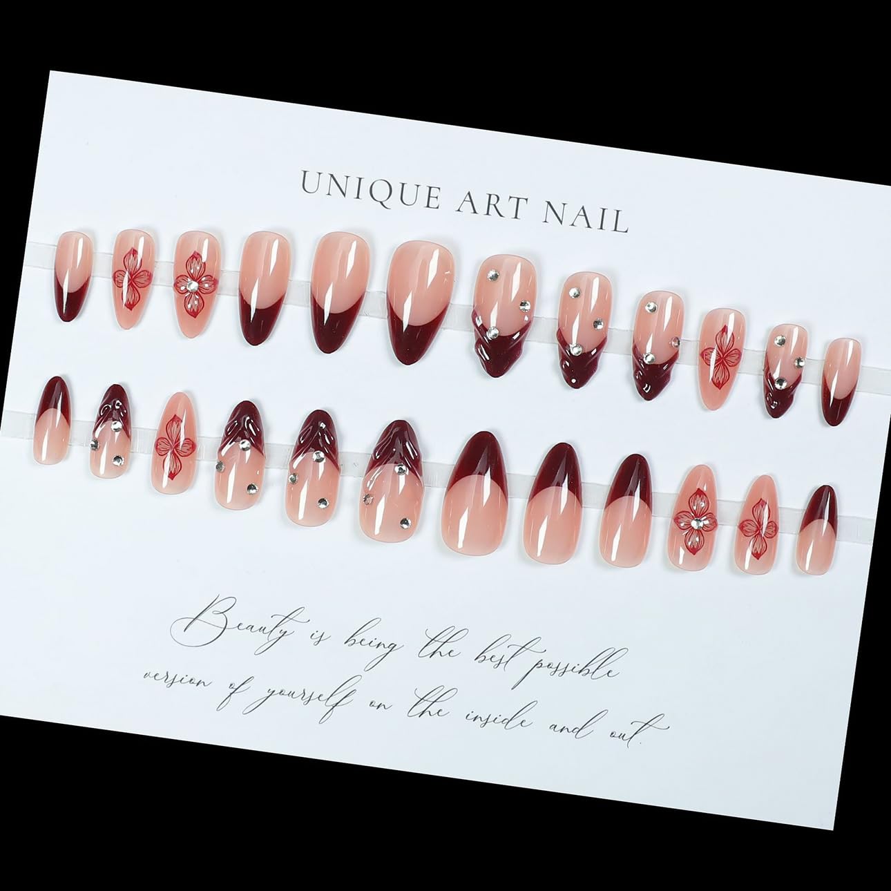 Red French Tip Press-On Nails - Almond Shape with 3D Crystal Designs | 24 Pcs Reusable Nail Kit for Manicure