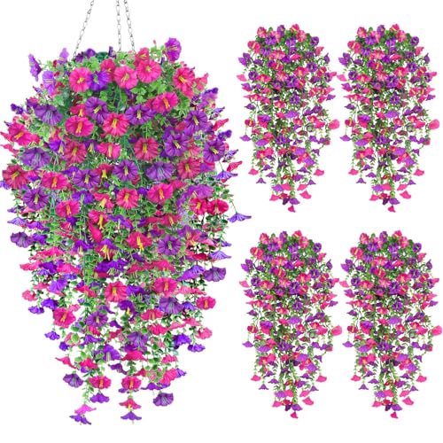 4-Pack UV Resistant Artificial Hanging Flowers - Faux Petunias & Eucalyptus for Indoor/Outdoor Decor