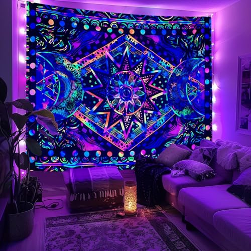 Glow in the Dark Sun and Moon Tapestry - UV Reactive Bohemian Wall Hanging 48'' x 36''
