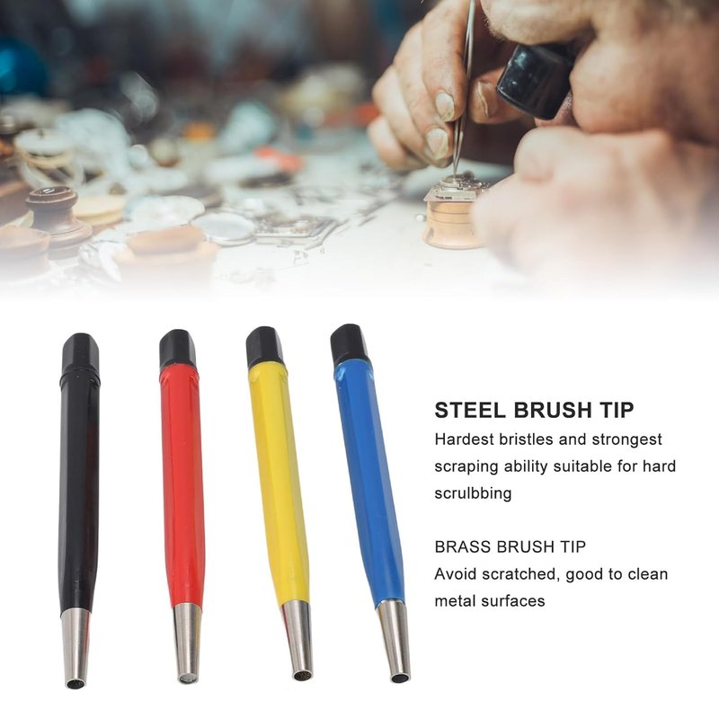 TAURISH Fiberglass Scratch Brush Pen 4-Pieces Scratch Brush with Steel, Brass, Nylon, Fiberglass Tips for Jewelry Cleaning, Circuit Board Maintenance, Auto Rust Removal and Watch Polishing