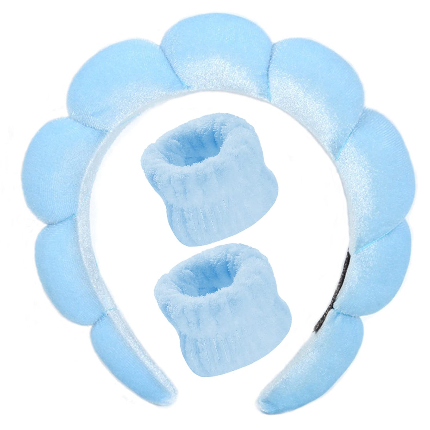 Velvet Spa Headband for Washing Face | Bubble Makeup Headband with Wristbands - Blue