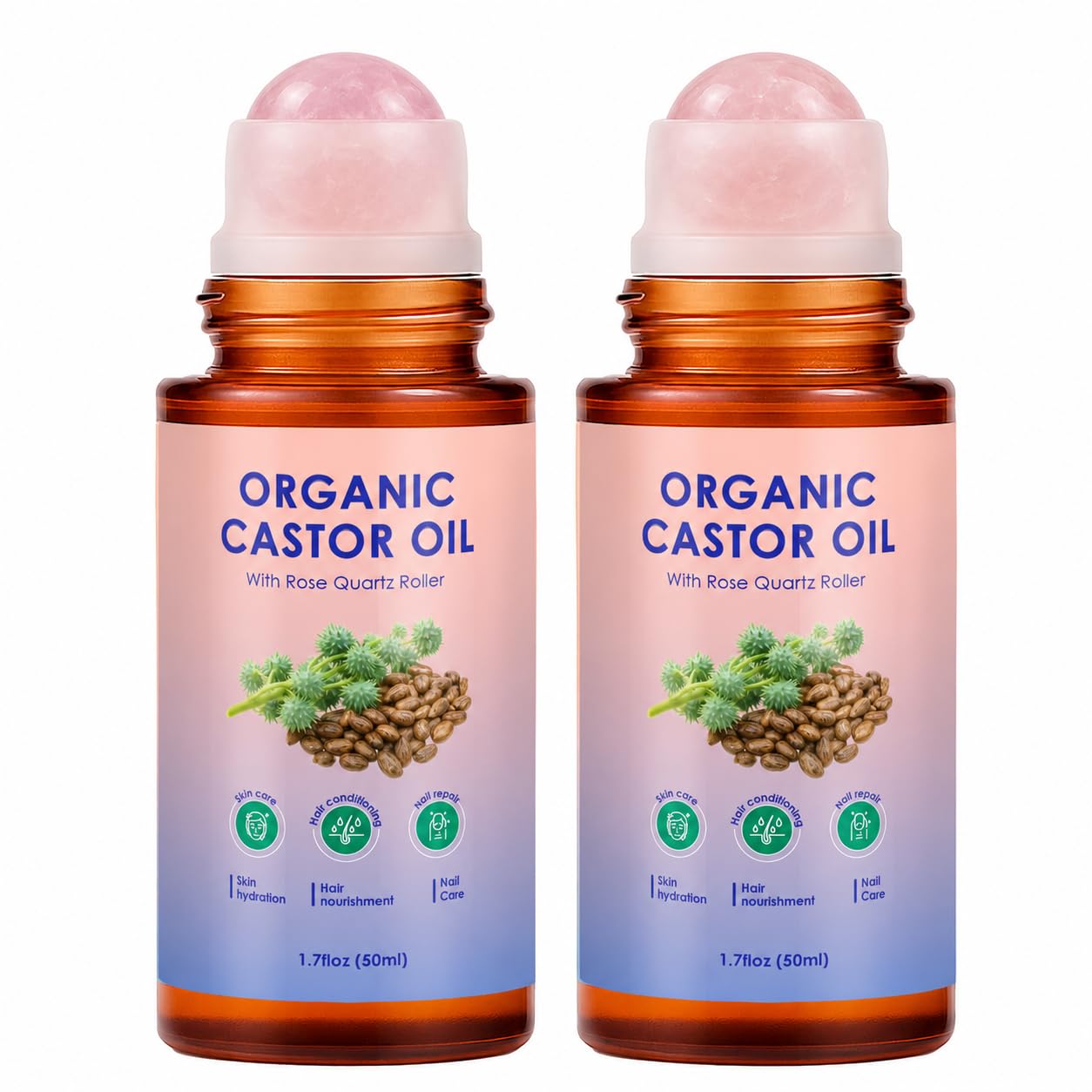 Organic Castor Oil Rose Quartz Roller Ball - Roll-On Castor Oil, 100% Pure Cold-Pressed for Hair, Face & Skin Moisturizing, Under Eye Care, Nail and Cuticle Care, Easy to Apply, 50 ml, 2 Pack