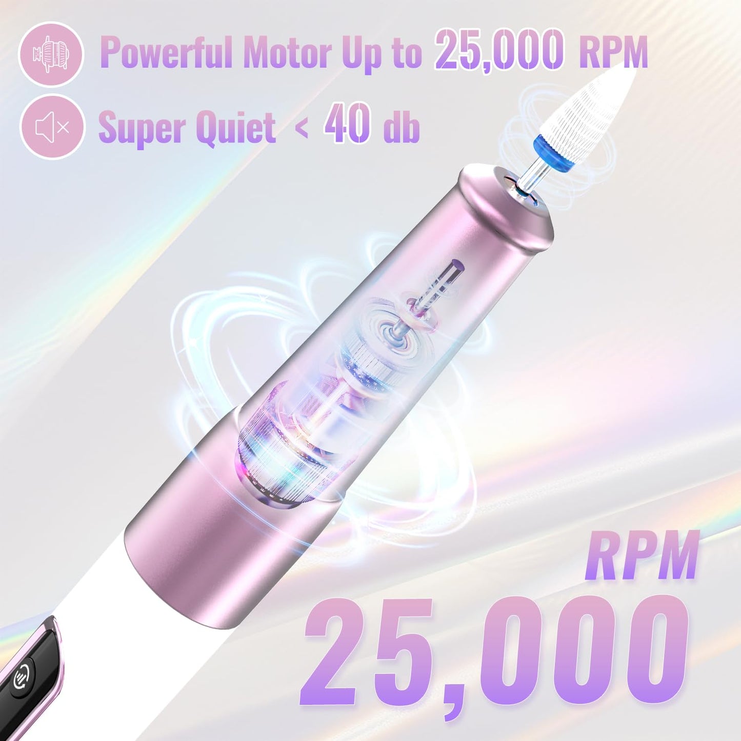 Electric Nail Drill - Cordless 12-in-1 Professional E-File with LED Display | Portable Rechargeable for Gel & Acrylic Manicure, Purple