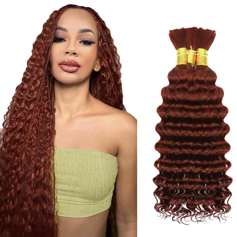#33 Light Brown Human Hair Braiding Hair For Boho Braids 30 30 30 Inch Brown Deep Wave Bulk Human Hair Unprocessed Brazilian Virgin Hair 3 Bundle 50 Gram Per Bundle No Weft Extensions