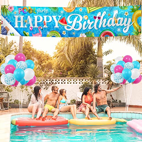 Hawaiian Happy Birthday Pool Party Banner with 30 Balloons - 9.8ft