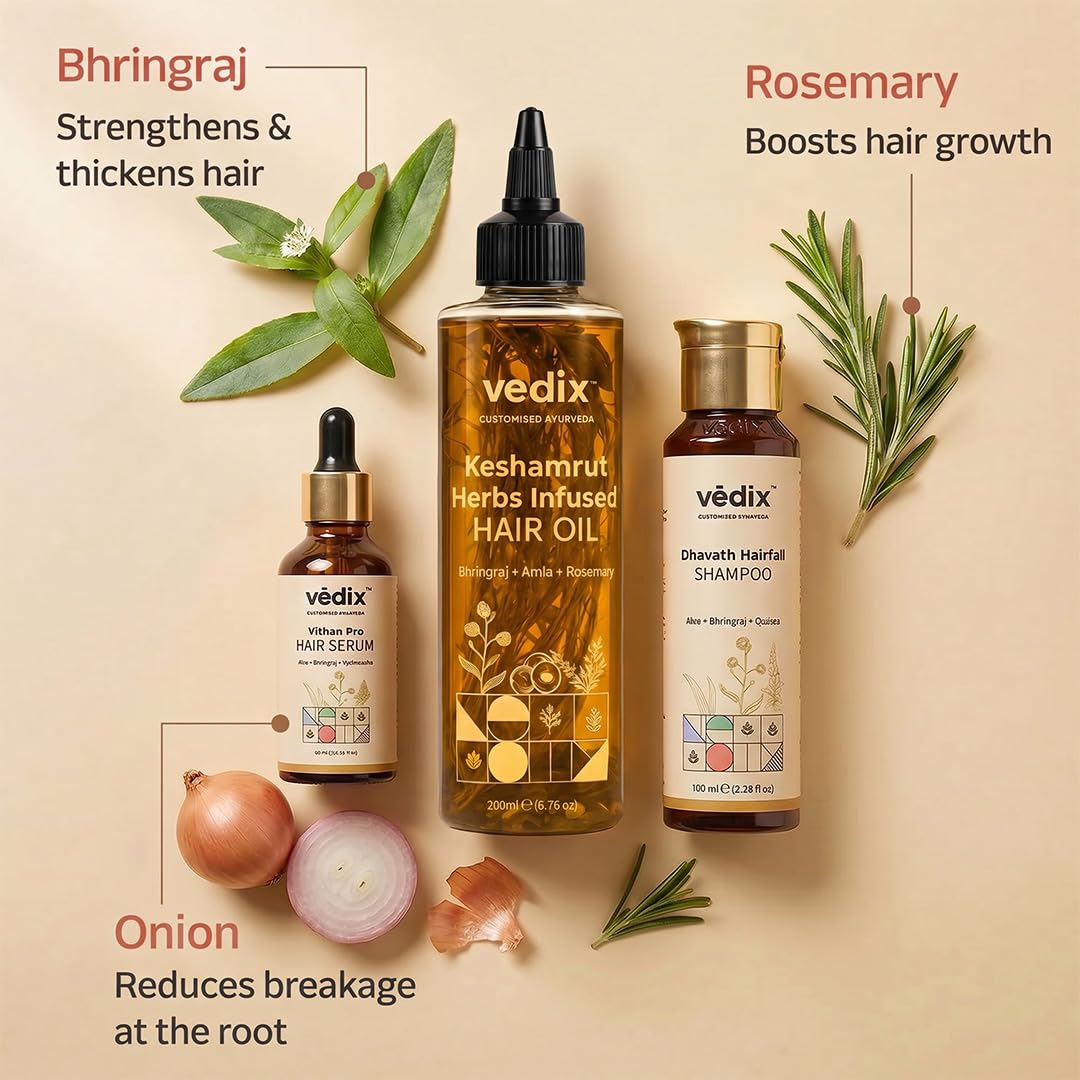 Vedix Keshamrut Hair Care Combo With Keshamrut Herbs Infused Hair Oil, Davath Hairfall Shampoo and Vithan Pro Hair Growth Serum (100 ml + 200 ml +40ml)