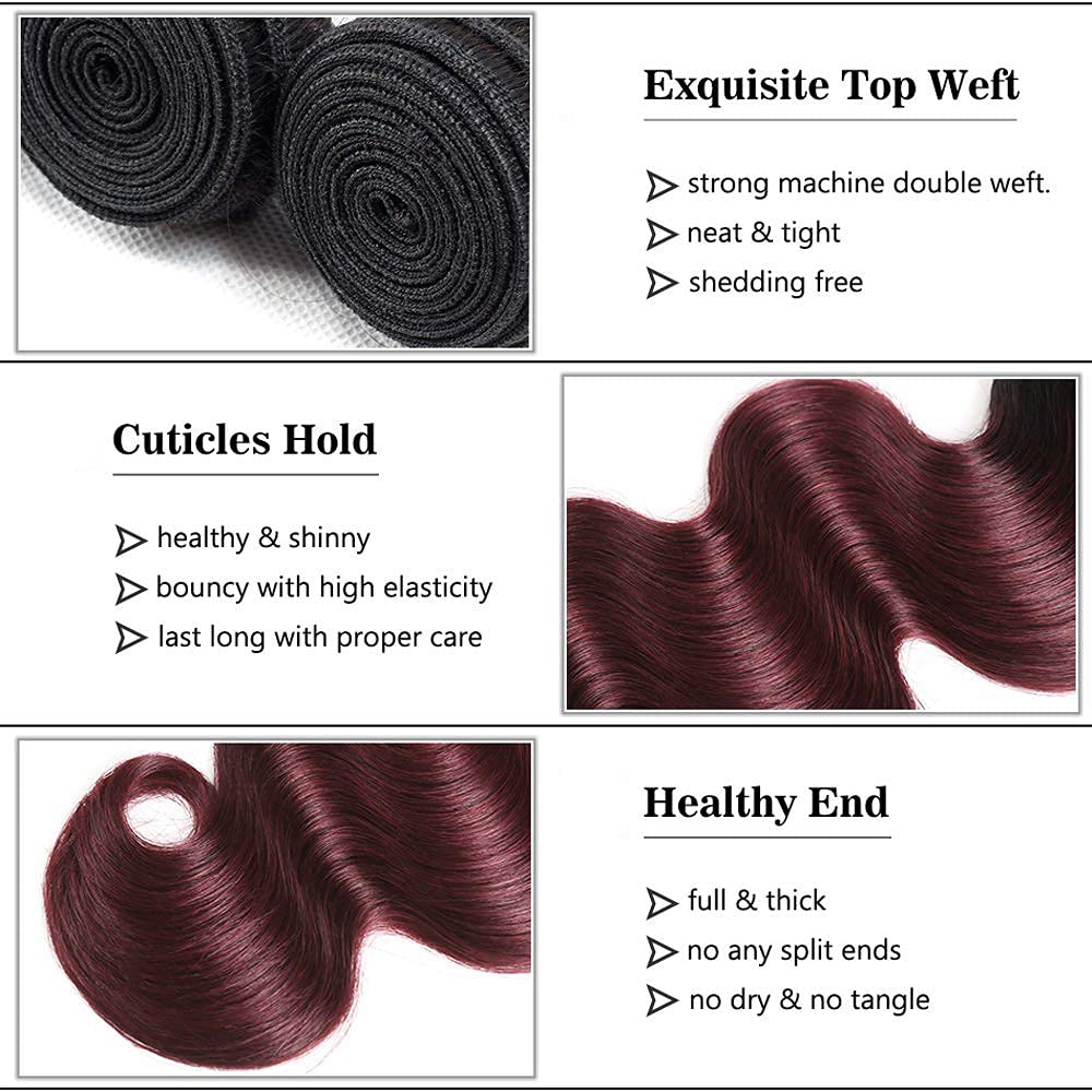 Ombre Human Hair Bundles 1B99J Burgundy Body Wave 3 Bundle 26 28 30 Inch Double Weft 2 Tone Black and Burgundy Bundles Peruvian 8A Virgin Remy Hair Extensions 330g