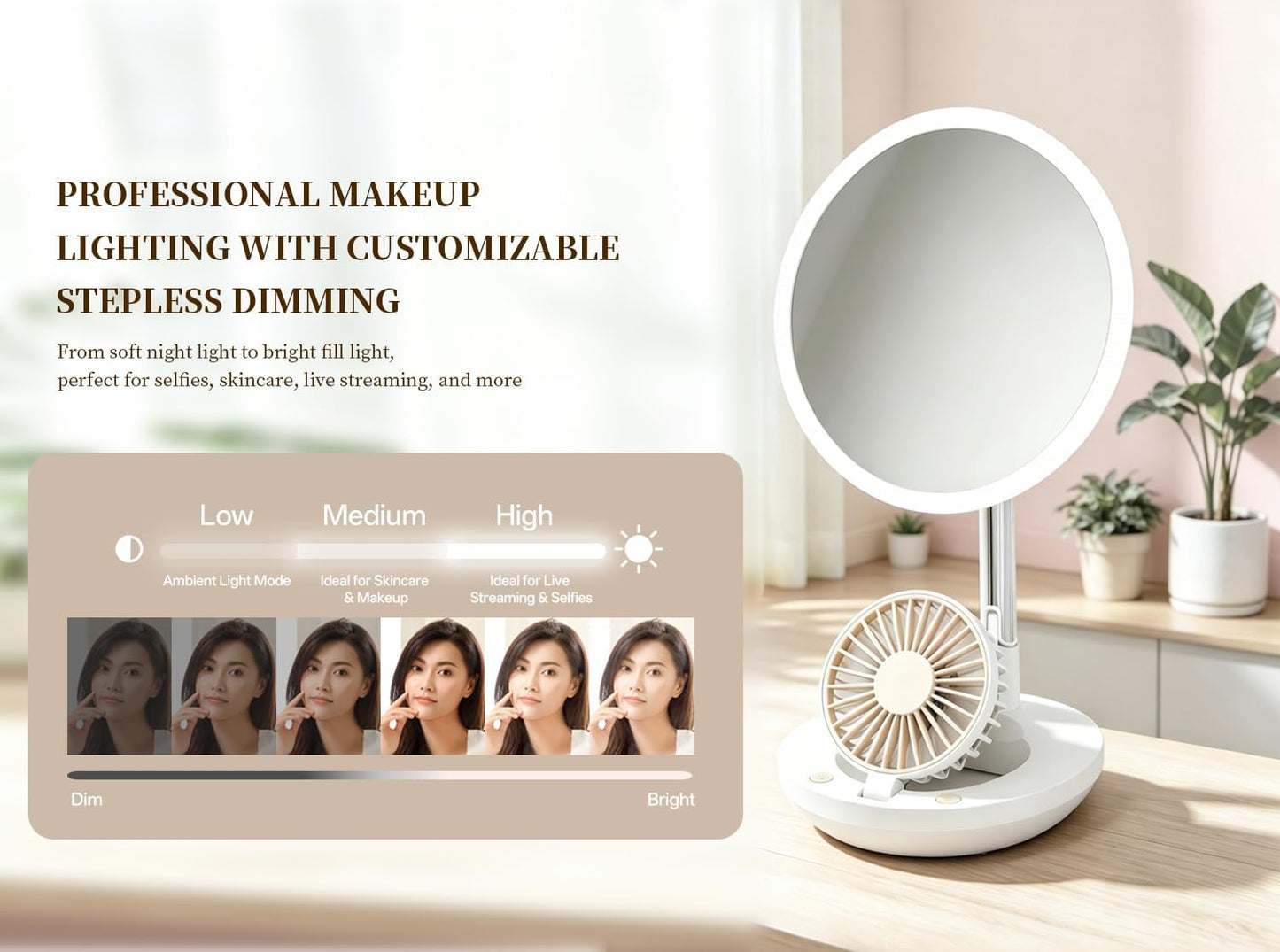 LED Makeup Mirror - 3-in-1 Rechargeable Vanity Mirror with Fan & Ring Light | 3 Color Modes, Stepless Dimming, Portable (White)