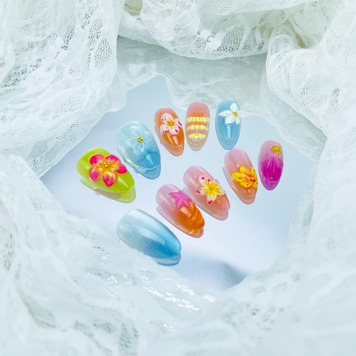 Handmade Press-On Nails - Short Almond French Tip with Pearl Design | 30 Pcs Glossy Oval Acrylic Full Cover for Women & Girls