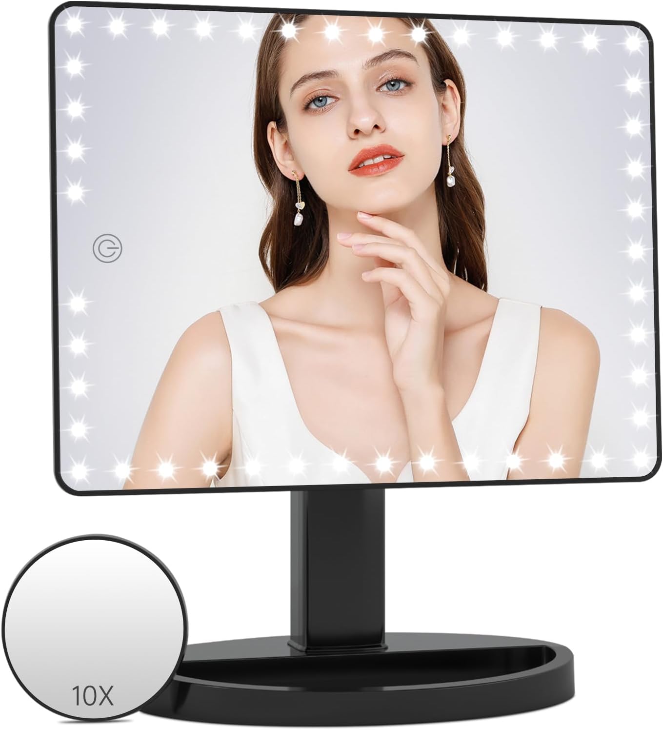 Large Lighted Makeup Mirror - 10x Magnification, 360° Rotation | Adjustable Brightness for Desk Use
