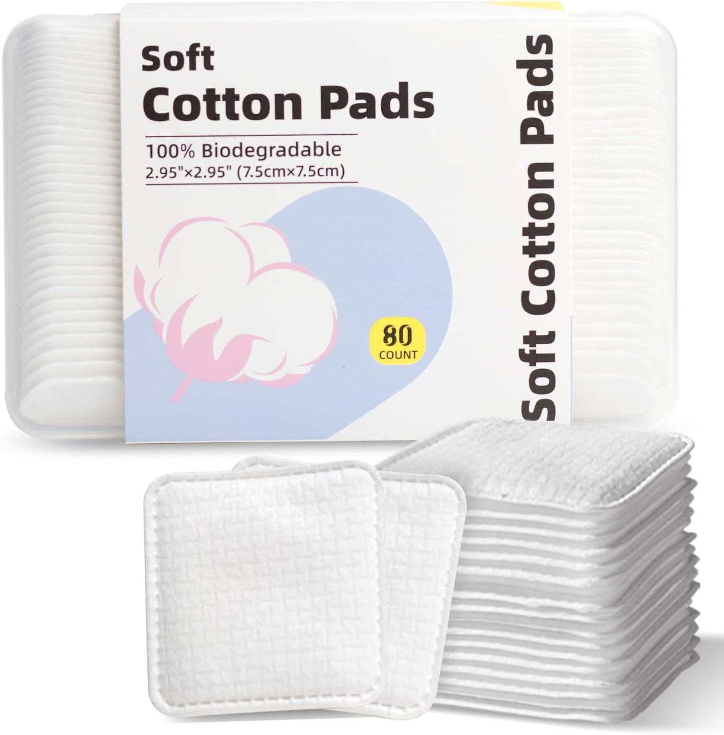 Large Square Cotton Pads - Lint-Free, Soft & Multi-Layered for Makeup Removal | 80 Count Box