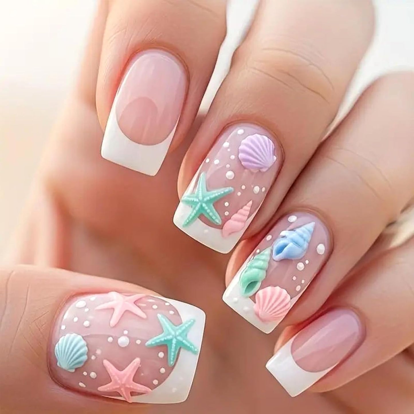 Almond Press-On Nails - Pink Coconut Tree Designs | Glossy Glitter Acrylic, 24 Pcs Reusable for Beach Vacation & Daily Wear