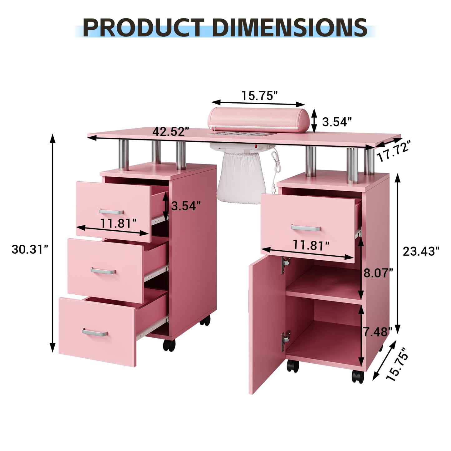 LEISULIF Professional Manicure Station with Dust Collector and Wrist Cushion, Mobile Nail Tech Desk Featuring 4 Drawers, Storage Cabinet and Lockable Wheels for Salon and Home Use - Pink