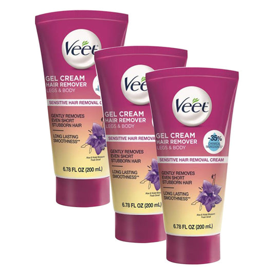Veet Sensitive Skin Formula with Aloe Vera and Vitamin E, Dermatologically Tested Hair Removal Gel Cream 6.76 Fl Oz. for Legs & Body (3 Pack)