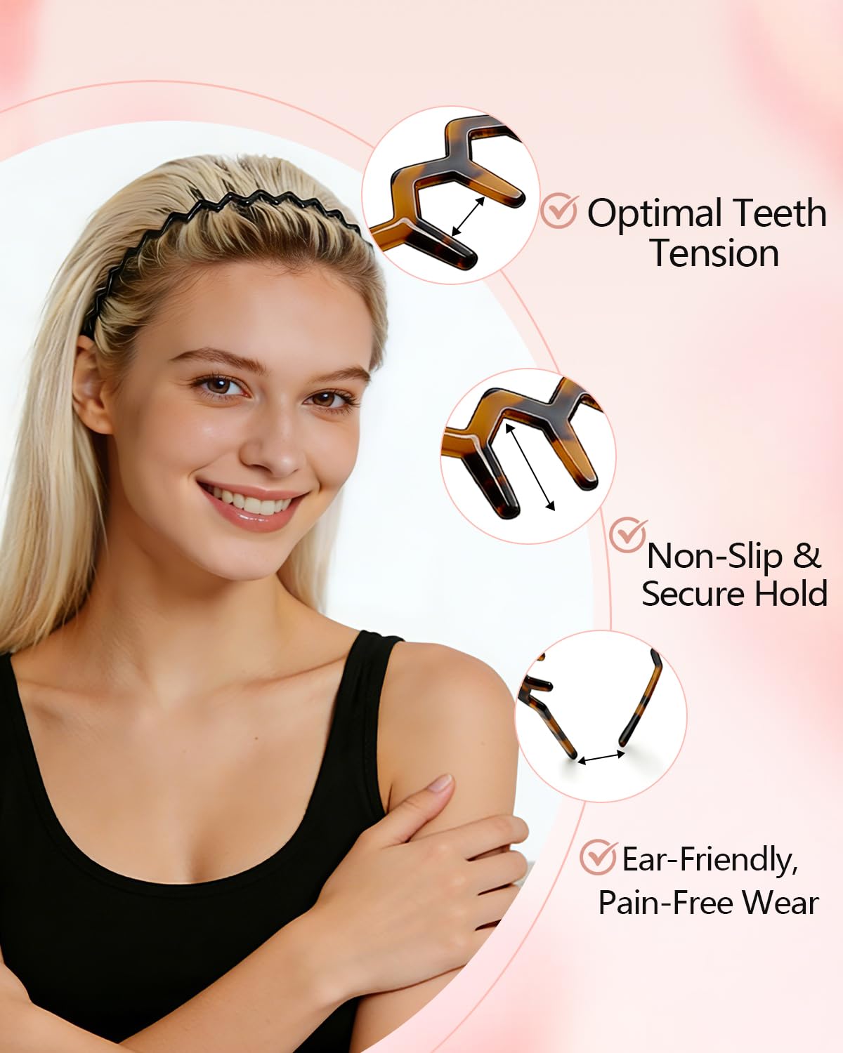 Zig Zag Headbands for Women - Non-Slip Comb Design | Comfortable Wavy Hair Accessories - Black & Tortoise, 2 Pcs