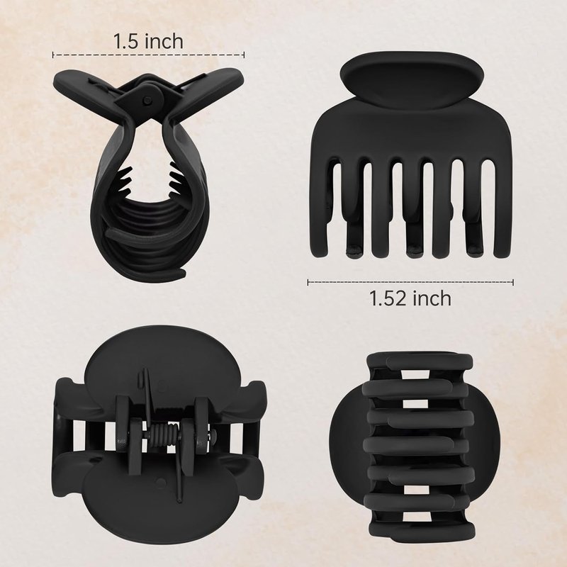 Small Claw Hair Clips for Thin Short Hair - 4 Pack Matte Non-Slip | Black 1.6" Double Row Teeth