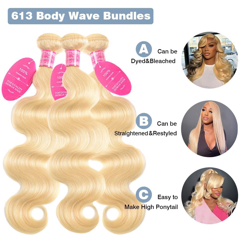 613 Blonde Body Wave Bundles 100% Unprocessed Brazilian Virgin Hair Blonde Human Hair 3 Bundles for Black Women Double Weft