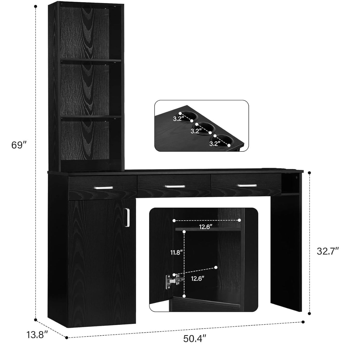 4ever2buy Salon Stations for Hair Stylist, Black Barber Hair Salon Station, 3 Hair Dryer Holder, 3 Drawers and 1 Cabinet, Mirror not Included, Black