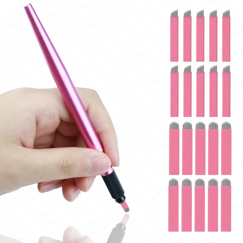 Guapa Professional Manual Microblading Pen Kit with 20 Disposable Microblading Needles - Matte Black/Pink Pen,Ergonomic Design for Eyebrow and Lip Tattooing (Kit 1-Pink)