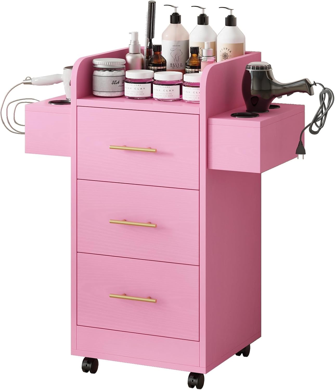 Rolling Salon Station for Hair Stylists - Mobile Trolley Cart with 6 Dryer Holders & 3 Drawers | White & Gold
