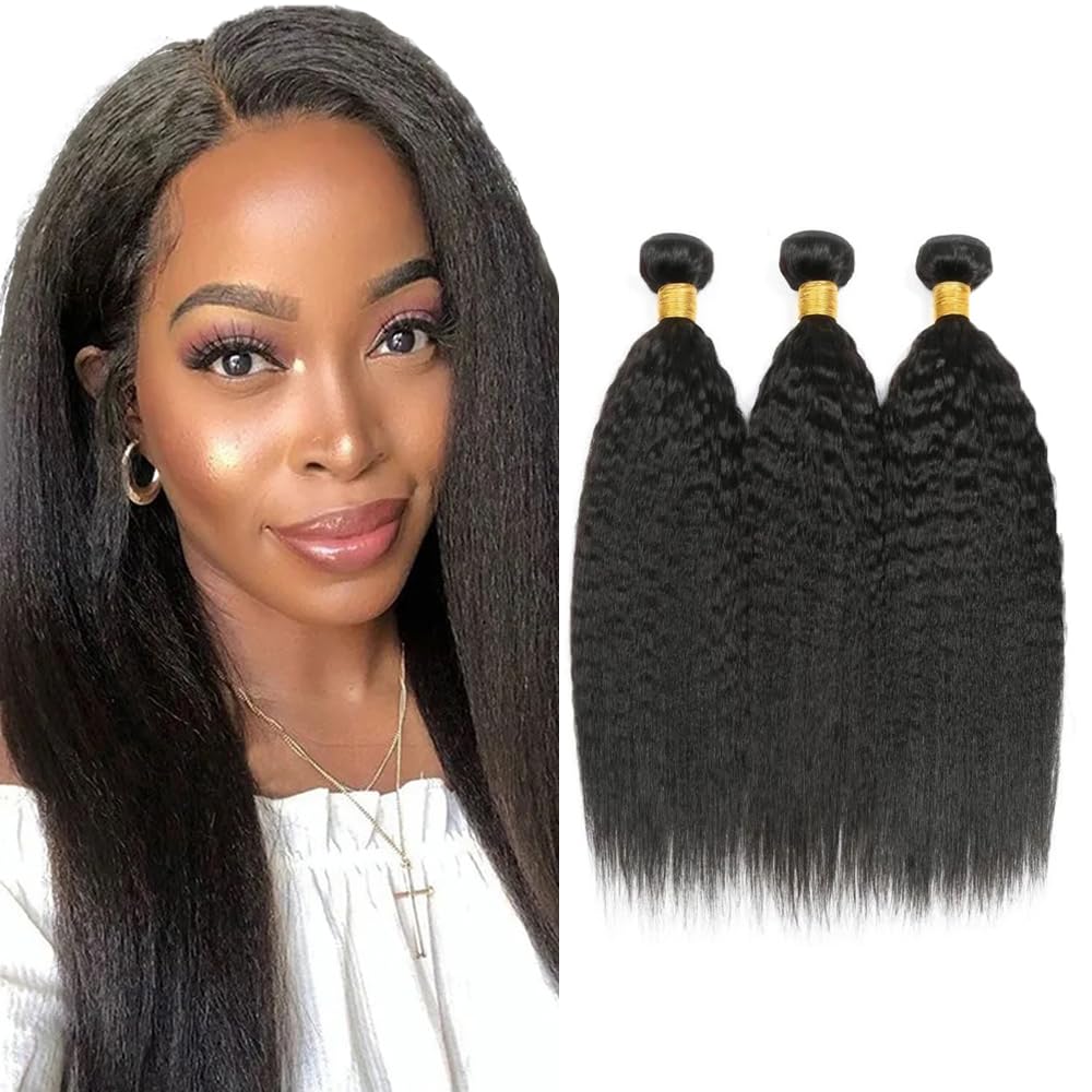 #1B Human Hair Bundles Natural Color Kinky Straight Bundles 18 20 22 Inch Balck Yaki Straight Bundles Unprocessed Brazilian Virgin Hair 3 Bundle 50 Gram Per Bundle Deals Quick Weave Hair Extensions