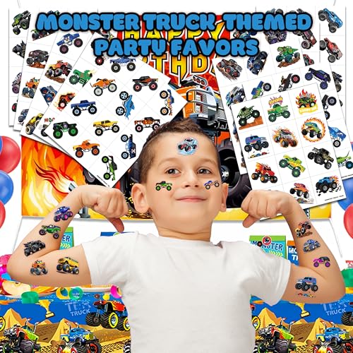 120 PCS Monster Truck Race Car Pre-Cut Temporary Tattoos for Kids | Super Cute Themed Birthday Party Favors, Supplies, Decorations, Fake Tattoo Stickers, Rewards & Gifts for Boys Girls