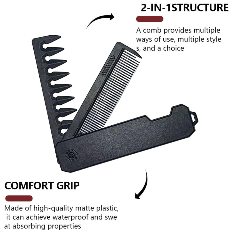 2 in 1 Portable Folding Comb for Men & Women - Fine Tooth & Textured Wide-Tooth Styling Comb with Durable ABS Handle, Multi-Purpose Hair Comb for Beard, Mustache & Daily Grooming - Home, Salon, Travel