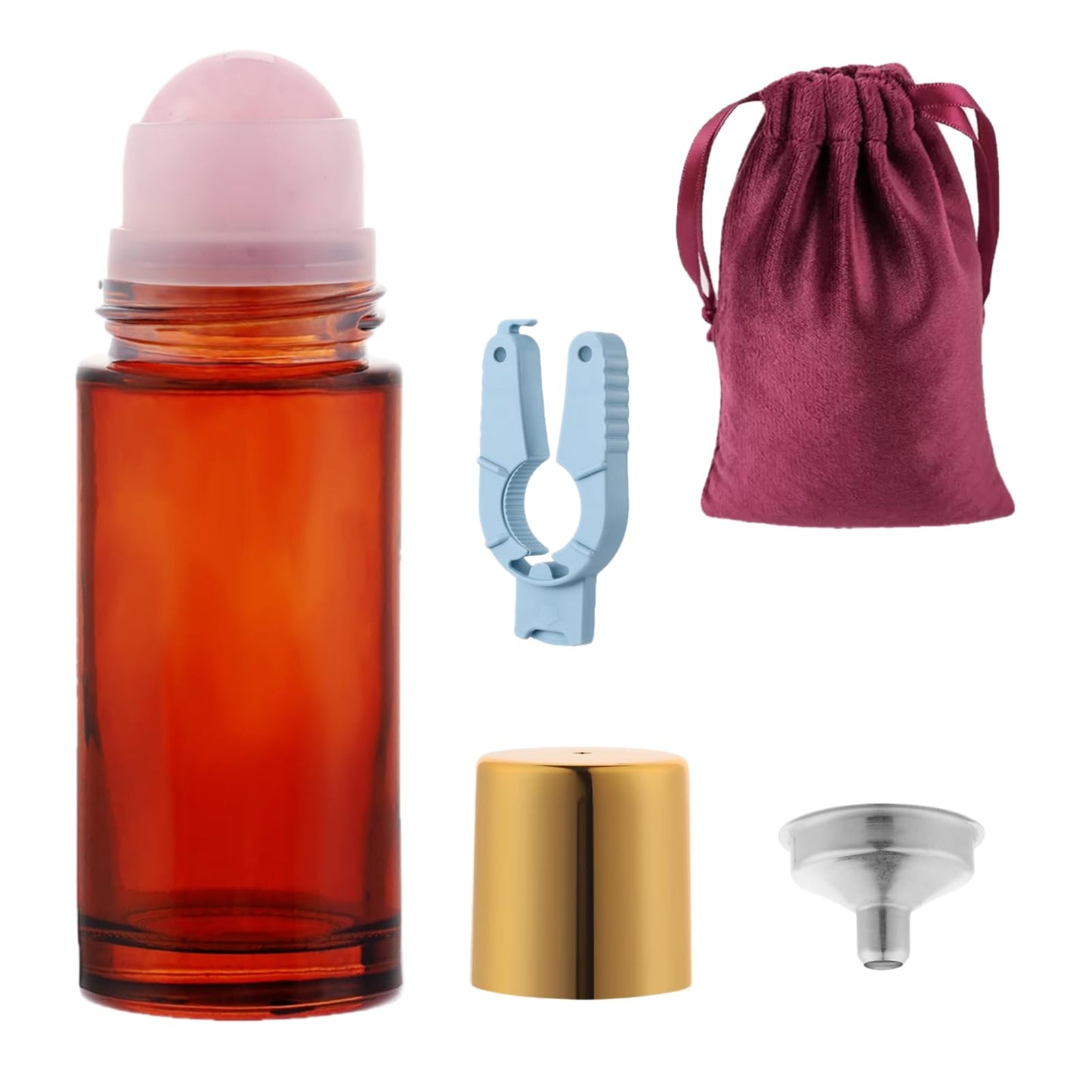 Roller Ball Applicator,Rose Quartz Roller Bottle,50ml Refillable Amber Glass Roll On Bottles with Natural Crystal Roller Balls,Leak-Proof Travel Perfume Bottle with Gold Caps (Pink)