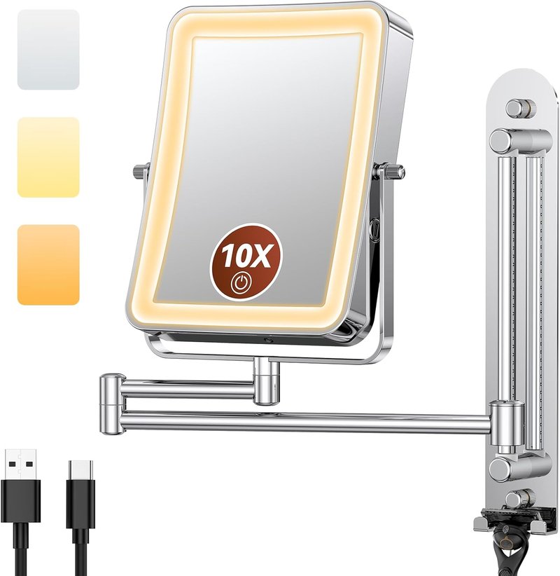 Height Adjustable Makeup Mirror - Lighted 10X Magnifying Design | 7in Slide Rail & 360° Extended Arm