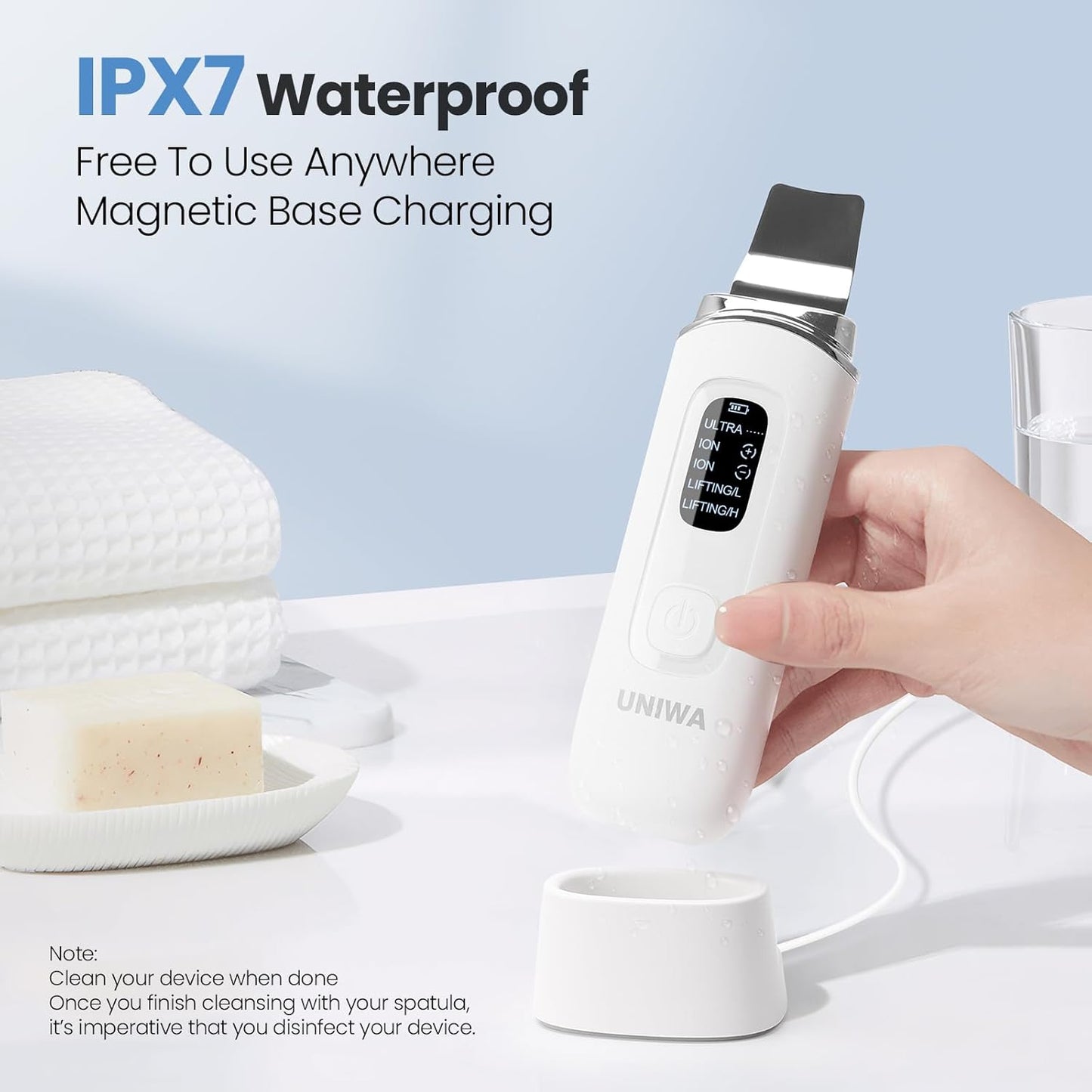 UNIWA Skin Scrubber | Ultrasonic Face Spatula for Deep Cleansing & Blackhead Removal - 4 Modes, LCD Display, Waterproof - White