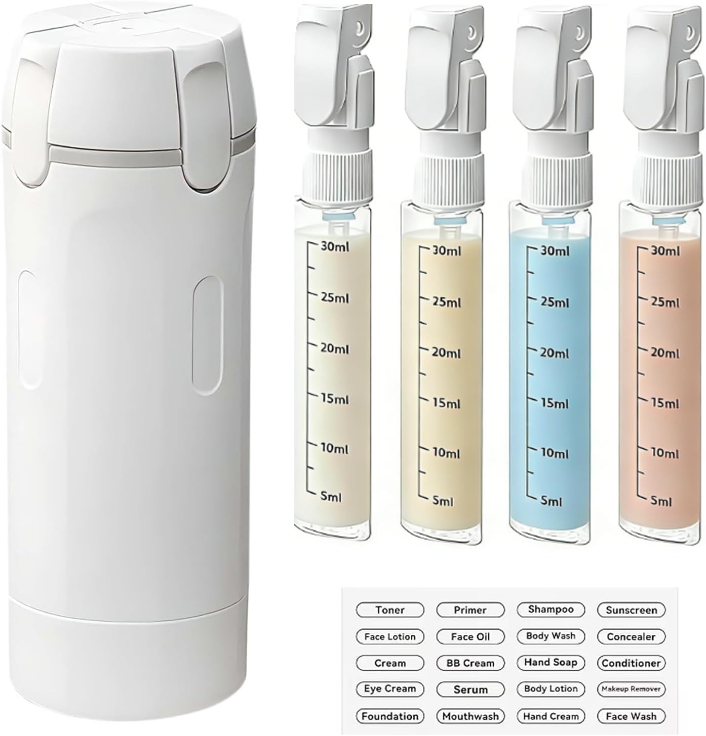 Travel Dispenser Bottle - 4-in-1 TSA Approved Leakproof Toiletry Set | 30ml Pump Bottles & Labels