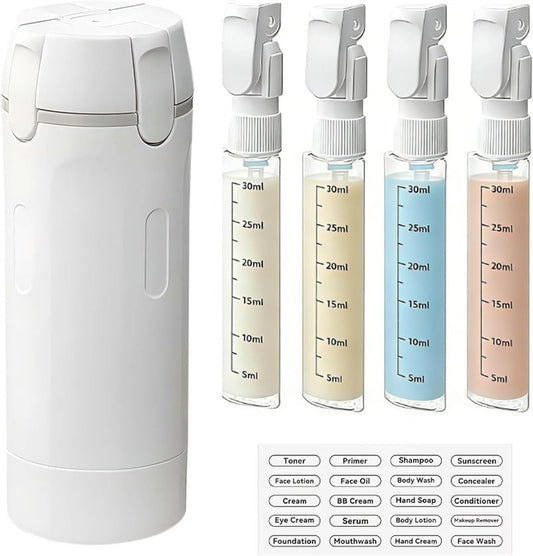 Travel Dispenser Bottle - 4-in-1 TSA Approved Leakproof Toiletry Set | 30ml Pump Bottles & Labels